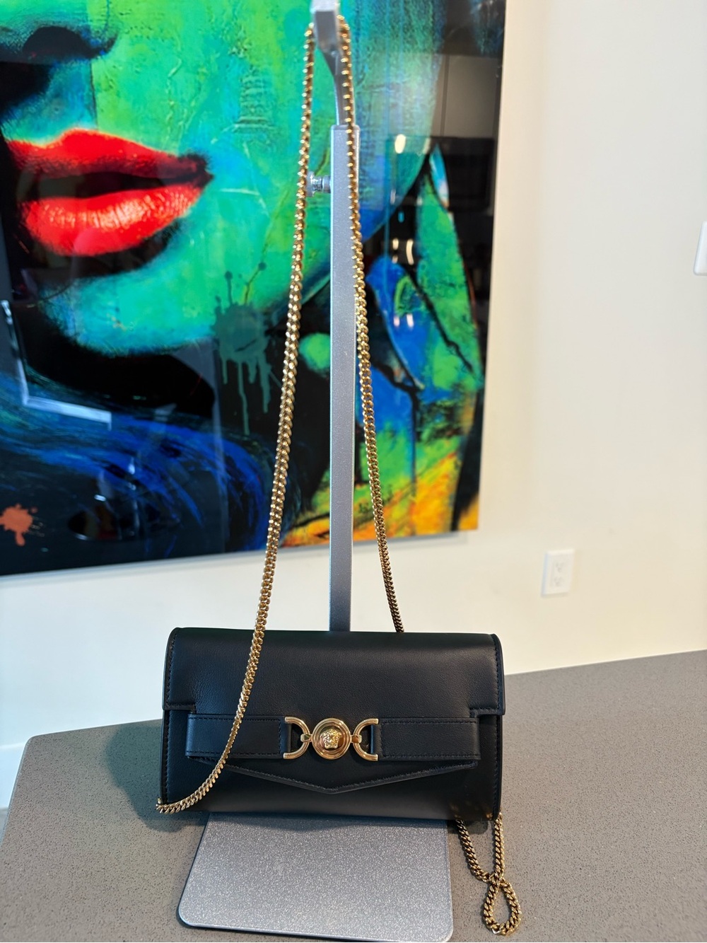 Versace Black Leather Chain Shoulder Bag with Gold Hardware